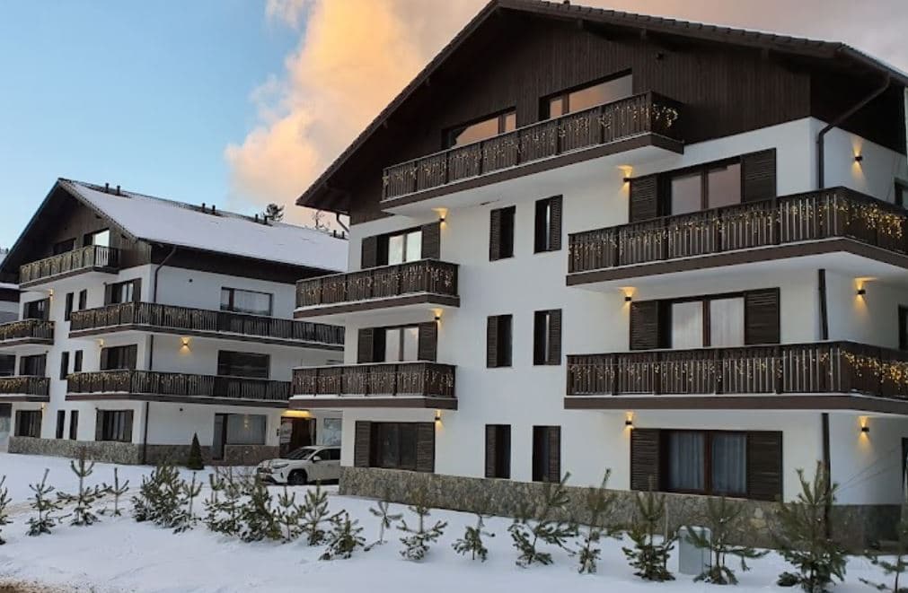 Cozy mountain chalet in Poiana Brașov with snow-covered peaks